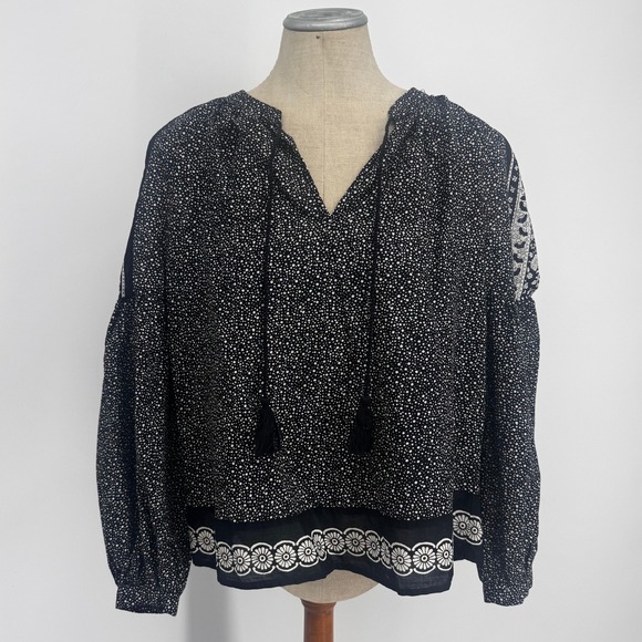 Lucky Brand Tops - Lucky Brand Peasant Blouse Womens Small Black Floral Dot Boho Tassel Top